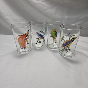 Set Of 4 Vintage KIG Malaysia Tropical Bird Juice Glasses 4"